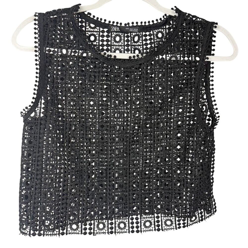 ZARA Black‎ Crochet Lace Sleeveless Crop Top Boho Festival Small
